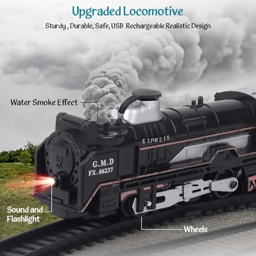 Image of VU Toys Small Rail King Train Set (3+ Years) with C-Type Charger - Rechargeable Battery Operated Steam Engine, Coal, Passenger, and 10 Round Track- with Smoke, Light & Music Train for Kids