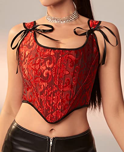 Image of Dreay Womens Vintage Asymmetrical Hem Overbust Corset Tie Front Lace-up Back Bustier Shapewear Top