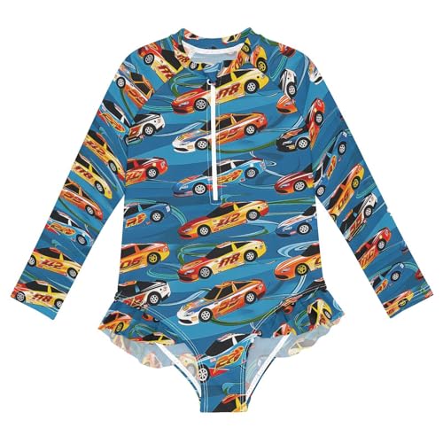 ALAZA Racing Car Blue Girls One Piece Swimsuit Long Sleeve Rash Guard Swimsuits UV 50+ Swimwear Zipper