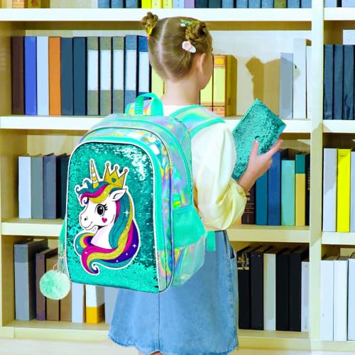 Image of CCJPX 16 inch Unicorn Backpack for Girls, 3Pcs Kids Sequin Bookbag with Lunch Box, Water Resistant Elementary School Bag for Kindergarten Preschool Toddler (Green)