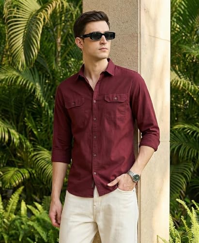 Image of IndoPrimo Men's Cotton Shirt with Stylish Flap Pockets Full Sleeves Spread Collared Neck Solid Pattern Western Style Classic Fit and Standard Length