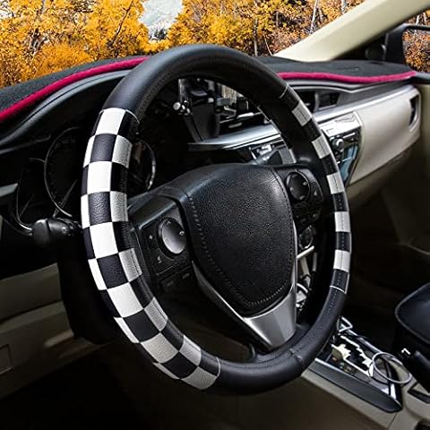 Evankin Lattice Leather Steering Wheel Cover, Black and White Checker Car Accessories, Non-Slip and Comfortable Unisex Universal Steering Wheel Cover 15 inch for Women Men (Black and White Checker) Cover