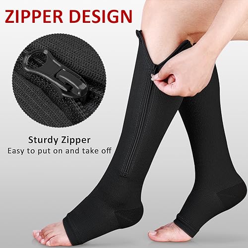 Image of Ailaka 3 Pairs 15-20 mmHg Open Toe Zipper Compression Socks for Men Women, Knee High Medical Grade Compression Socks Easy On & Off, Zip Up Support Socks for Varicose Veins, Edema, Swelling, Post Surgery, Travel, Nursing(Black,XXL)