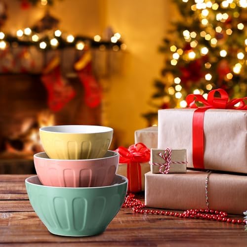 Lareina Ceramic Mixing Bowls for Kitchen, Large Nesting Mixing Bowl Set for Serving, Baking, Food Prepping, Cooking, Salad, Sourdough, Gift, Microwave Safe, Big 3.2/1.7/1.2 Qt, Set of 3, Pastel Color