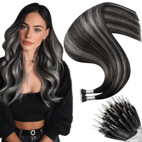 Moresoo Nano Ring Hair Extensions, Black to Silver Balayage, 14 Inch