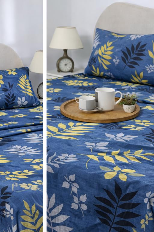 Image of BSB HOME Double Bedsheet 144 TC Microfiber with 2 Pillow Covers | Smooth, Lightweight & Quick-Dry Bed Sheet Set | Comfortable Bedding for Home, Guest Room & Daily Use - Leaf Fusion Blue