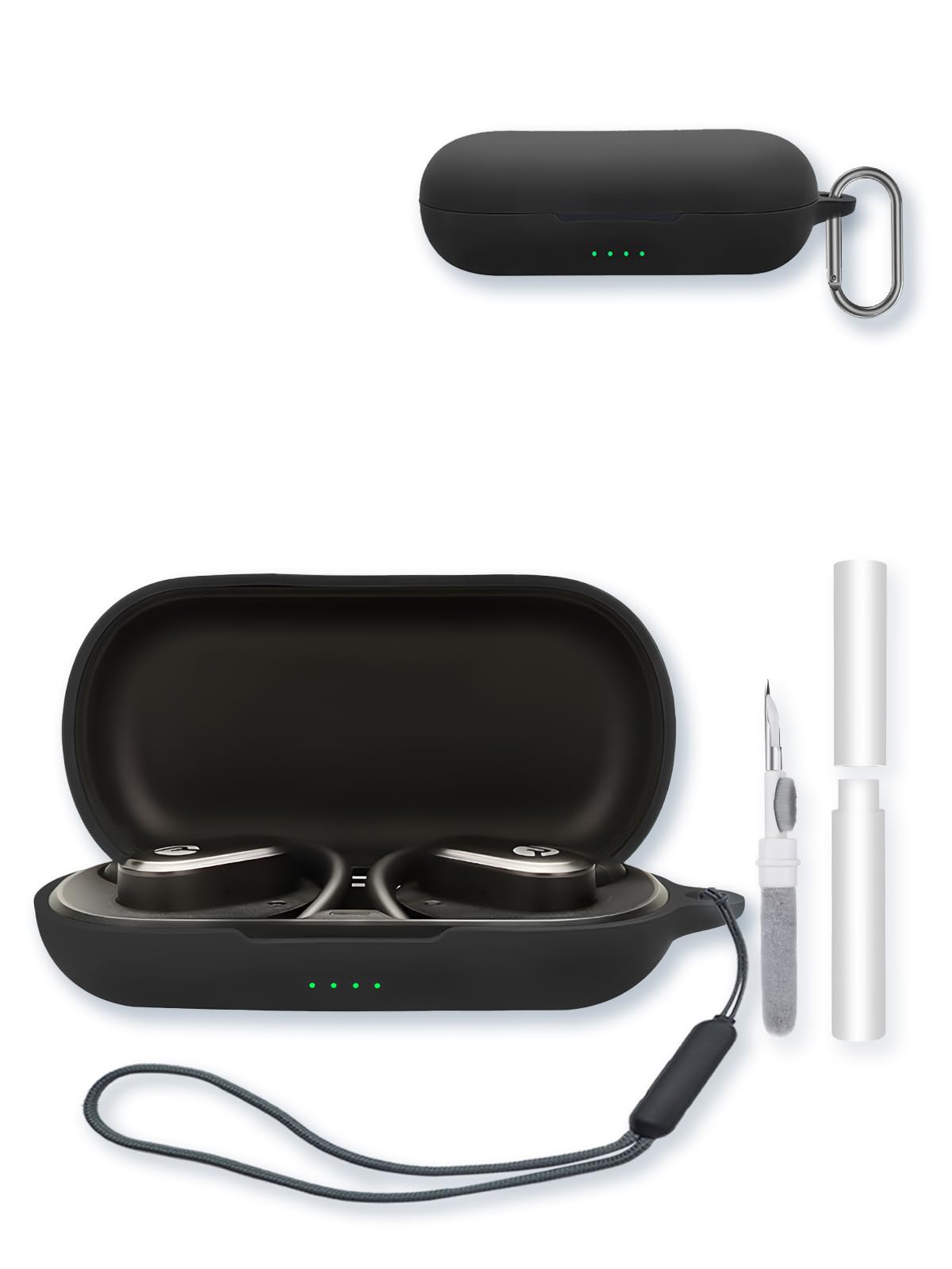 Raycon Schutzhülle für offene Raycon-Bluetooth-Kopfhörer, weicher Schutz, BOVUGAC Silikon-Schutzhülle mit Schlüsselanhänger, Reinigungsset und Umhängeband für offene Raycon-Ohrhörer, Schwarz