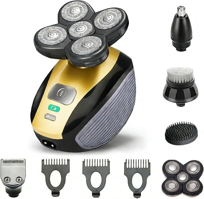 Image of 5 in 1 Head Shavers for Bald Men, Skull Head Shaver with Rechargeable Battery, Electric Razor, Hair Clippers, Nose Hair Trimmer, Cleaning Brush, Hair Manager, Idea Gift for Men(Yellow)