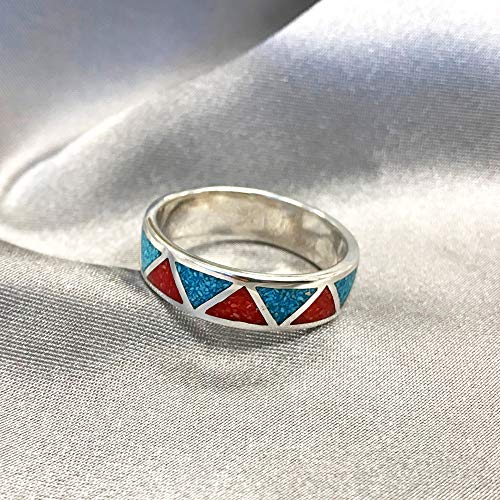 Southwestern Style Turquoise And Coral Gemstone Wedding Band Sterling Silver Unisex Ring Size 10 #TOP2