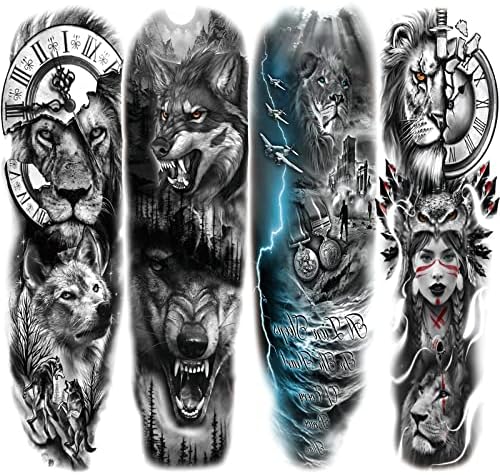 Lion Wolf Full Arm Temporary Tattoo Sleeve for Men Adults 4-Sheet