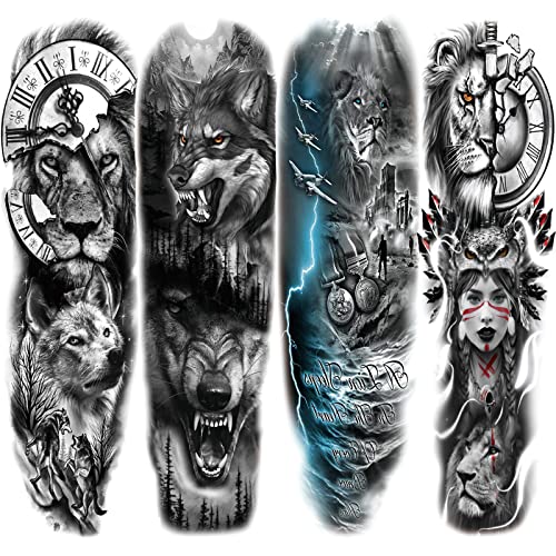 Briyhose Lion Wolf Temporary Tattoo Sleeve, Large Full Arm Animal Tribal Fake Tattoos Sleeve For Men Women Adult, Long Lasting Black Arm Temp Tatoo Sticker Leg Body Art Makeup, 4-Sheet