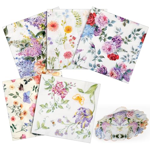 Crtiin 50 Pack 5 Styles Decoupage Napkins Assorted Chinoiserie Decor Decoupage Napkin Cocktail Paper for DIY Crafting Wedding Birthday Party Unfolded 13 x 13 Inch(Wildflower)