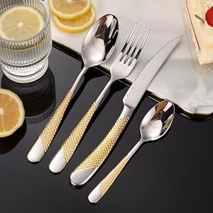 Luxury 24 Pieces Silverware Set, Star Diamond Cutlery Set, Modern 304 Stainless Steel Flatware, Knives Forks Spoons, Cutlery Set, Tableware Set, Serving 6. (Gold & Silver) Luxury 24 Pieces Silverware Set Star Diamond Cutlery Set Modern 304 Stainless Steel Flatware Knives Forks Spoons Cutlery Set Tableware Set Serving 6 Gold Silver