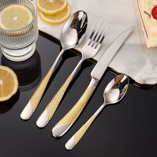 Luxury-24-Pieces-Silverware-Set-Star-Diamond-Cutlery-Set-Modern-304-Stainless-Steel-Flatware-Knives-Forks-Spoons-Cutlery-Set-Tableware-Set-Serving-6-Gold-Silver Luxury 24 Pieces Silverware Set Star Diamond Cutlery Set Modern 304 Stainless Steel Flatware Knives Forks Spoons Cutlery Set Tableware Set Serving 6 Gold Silver