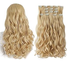 Blonde Hair Extensions, HSPJHTM Clip in Hair Extensions for Women 5 Pieces Set 18″ Synthetic Length Curly Wave Natural Thick Hair Pieces for Girls Cheap Full Head Invisible Pale Golden Blonde