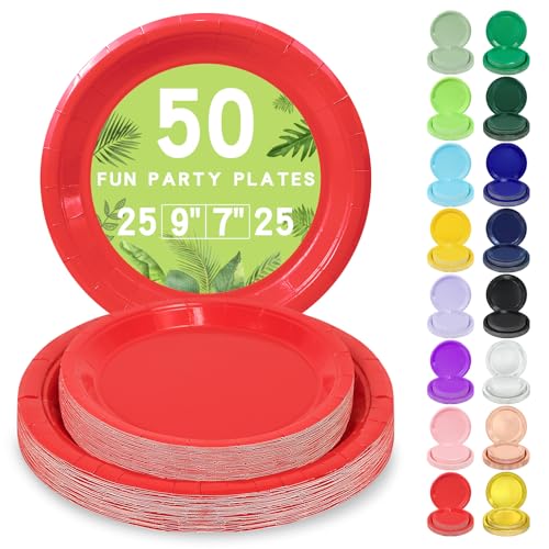 LANLISA 50 Pcs Red Paper Plates Disposable 25-9 & 25-7 Disposable Birthday Cake Dessert Plates For Valentines Day Christmas Holiday Party Supplies