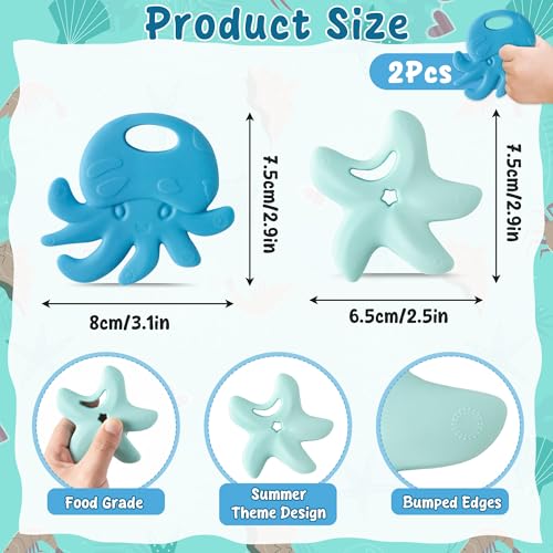 Image of 2Pcs Summer Silicone Teething Toy for Babies Ocean Animal Themed Sore Gums Pain Teething Relief Chew Toy Summer Ocean BPA Free Soft Teether for Infant Toddler Newborn 6-12 Months Birthday Baby Shower