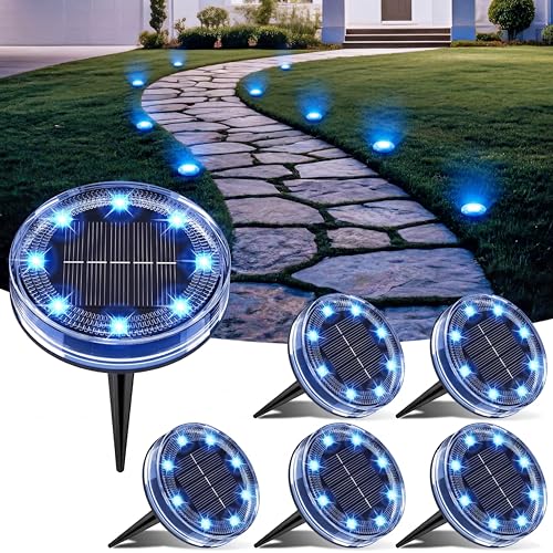 Image of LOTMOS Solar Lights Outdoor Garden, 6 Pack 8 LED Solar Ground Disk Light, IP65 Waterproof Garden Lights for Pathway Lawn Yard Patio Landscape Walkway (Blue)
