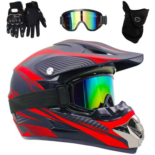 Professionelle Racing Motocross Helm, 4 Pack Helmbrille Handschuhe Set Sicherheit Dirt Bike Off Road Motorradhelm für Erwachsene Kinder Mountain Road Cycling(Red Lines,L(56-57cm))