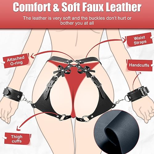 Image of Bondage BDSM Couples Sex Toys, Bondage Restraints BDSM Kit with Bows Handcuffs, BDSM Restraints Sex Straps Harness Set Faux Leather, Adult Couple Sex Toys