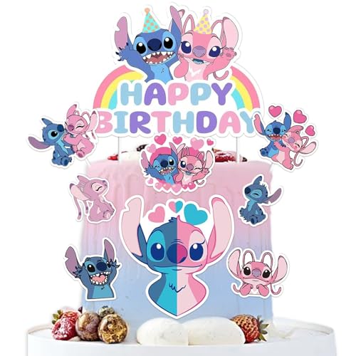 LETSHOLD Decoration Gateau Anniversaire Stich Fille, Joyeux Anniversaire Decoration Gateau Stich, Cake Topper pour Fournitures de Fête d'Anniversaire Enfant (A)
