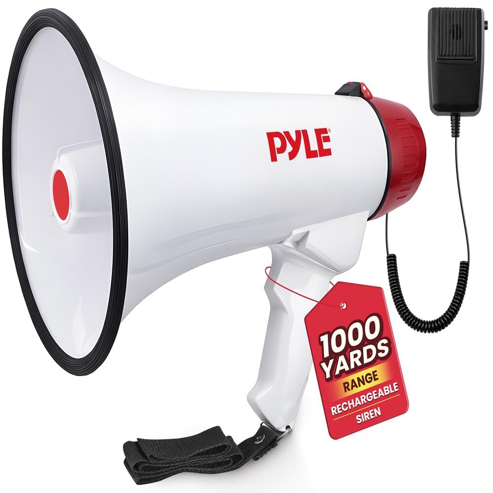 Pyle Altavoz megáfono PA Recargable, bocina de 40 W con Sirena, Entrada AUX, función de grabación y Rango de 900 m, Altavoz de Mano Fuerte para Entrenadores, animadoras, Ejercicios de Seguridad y