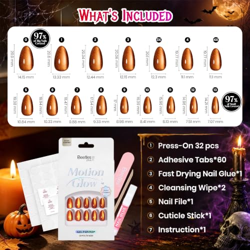 Image of Beetles Cat Eye Press On Nails Short Almond, 32PCS, Pumpkin Spice Halloween | 16 Sizes False Nails, Salon-Quality for Women, 10-Minute Easy Daily Application, All-in-One Complete Kit