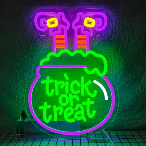 Image of Trick or Treat Neon Sign for Wall Decor Dimmable Witch Halloween Led Sign Trick or Treat Neon Lights for Windows Halloween Party Decor