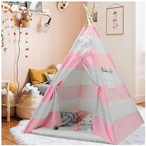 Ukadou Kids Teepee Tent for Girls Kids Tents Indoor Play | Teepee Tent for Girls | Toddlers Indian Canvas Teepee Indoor Outdoor Playhouse, Pink Stripe Teepee