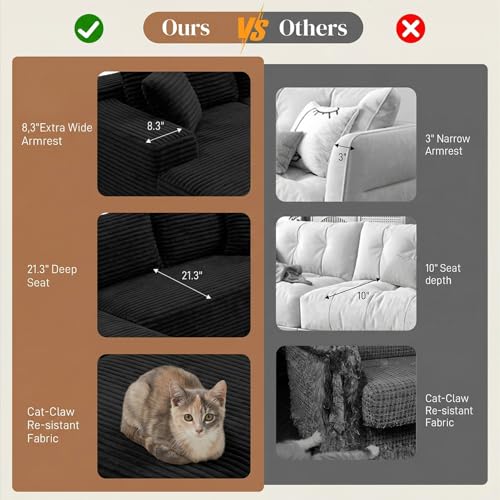 Image of 96 inch L Shaped Cloud Boneless Sectional Couches for Living Room, Modern Comfy Modular Deep Seat Memory Foam Compressed Corduroy Sofa Oversized Left Facing Chaise, No Assembly Required, Balck
