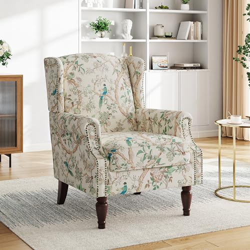 Pia Ricco High Back Floral Accent Chair - Retro Wingback Upholstered Armchair with Nailhead Trim, Solid Wood Legs, Fabric Living Room Bedroom Home Office Reading Chair (Bird Pattern)