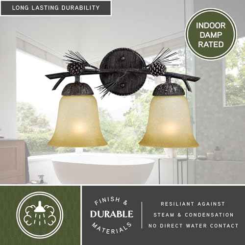 Image of VAXCEL Sierra 2-Light 15 inch Wide Black Walnut Rustic Bathroom Vanity Lighting Fixture, Creme Cognac Glass Shade, Dimmable, LED Compatible, Pine Cone Motif, Reversible Wall Mounted Steel Sconce