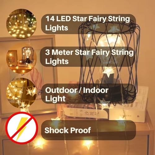 Image of One94Store Mini Star Fairy String Lights - 14 LED, 3 Meter, Warm White Decorative LED Lights for Bedroom, Home, Garden, Diwali, Christmas, Wedding & Party Decoration (Pack of 3)