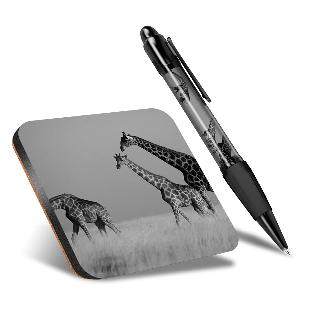 DV DESIGN 1 x Eco Square Coaster & 1 Pen Set - BW - Group of Giraffes Wild African Animal Drink Cup Mug Glass Table Protection Mat #42939