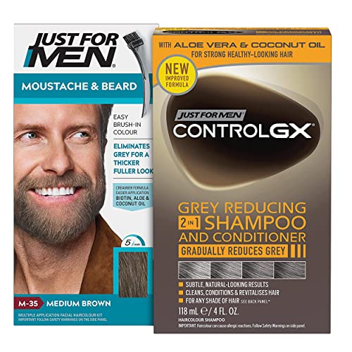 Just For Men Moustache and Beard Medium Brown Dye + Control GX Grey Reducing 2-in-1 Shampoo & Conditioner, New Improved Formula - All Shades, 118ml
