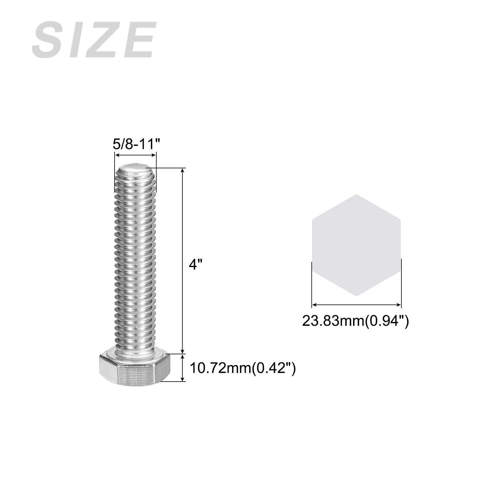 METALLIXITY Hex Head Bolts (5/8-11 x 4") 10Pcs, 304 Stainless Steel 18-8, Fully Threaded, External Hex Drive, Plain Finish - Image 2