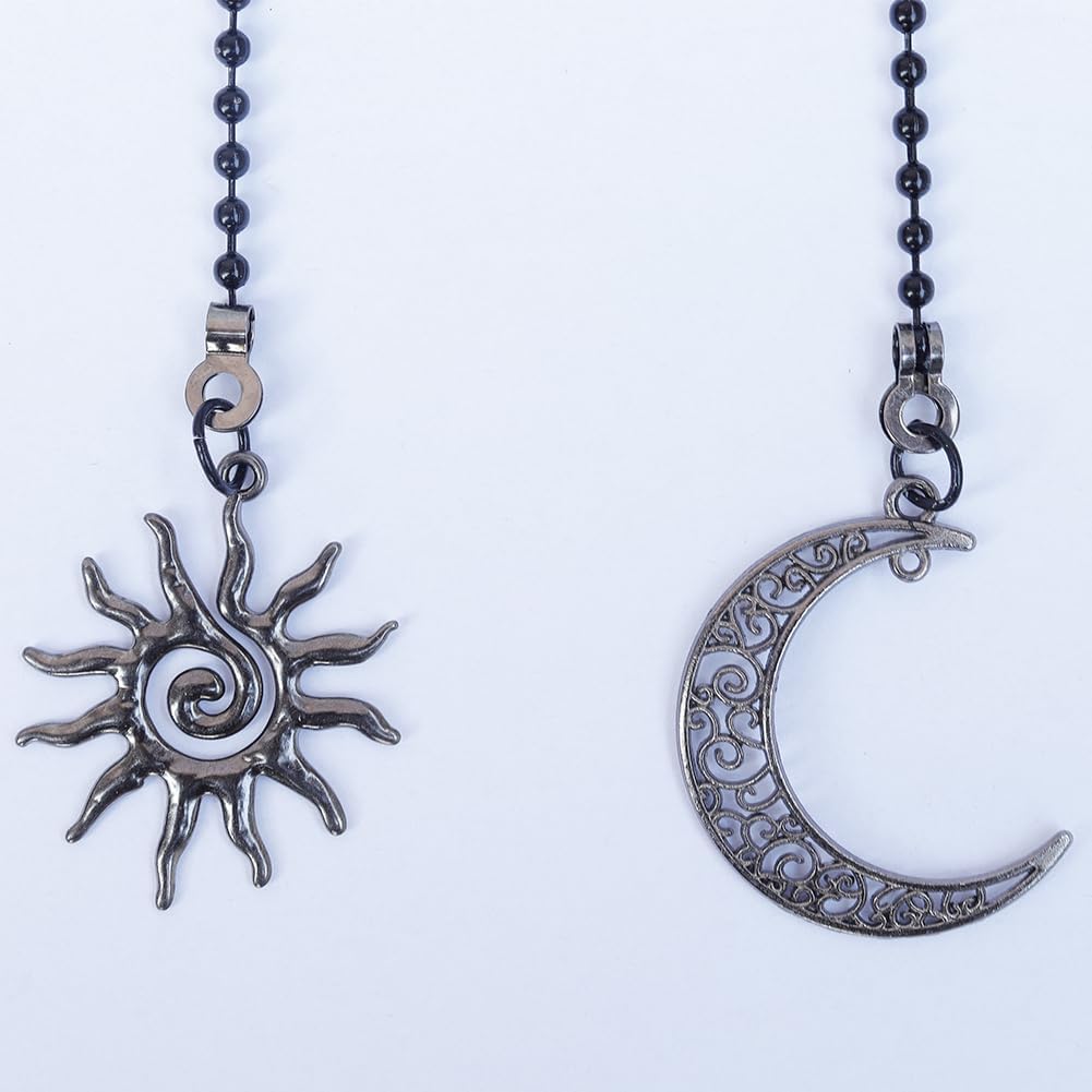 2 Pack Ceiling Fan Pull Chain, Sun and Moon Pull-chain Extension, 12 Inches Celestial Decor Beads Ball Chain Extender with Connectors for Ceiling Fans/Light Lamp (Black)