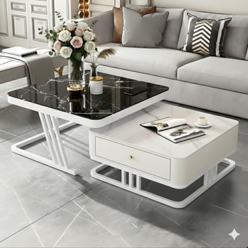 Image of Handmade Drawer Square 20 inchx20 inch Coffee Table /Nesting Table /Side Table /Center Table with Marble Finish Top for Living Room /Drawing Room (White & White)