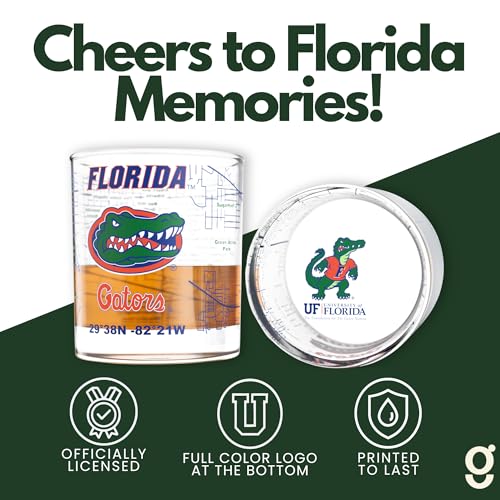 Image of Greenline Goods University of Florida Gators Whiskey Glasses Set of 2, 10 oz Rocks Glasses with Full-Color Logo & Campus Map - Officially Licensed Bourbon Glass Gift for Alumni & Fans