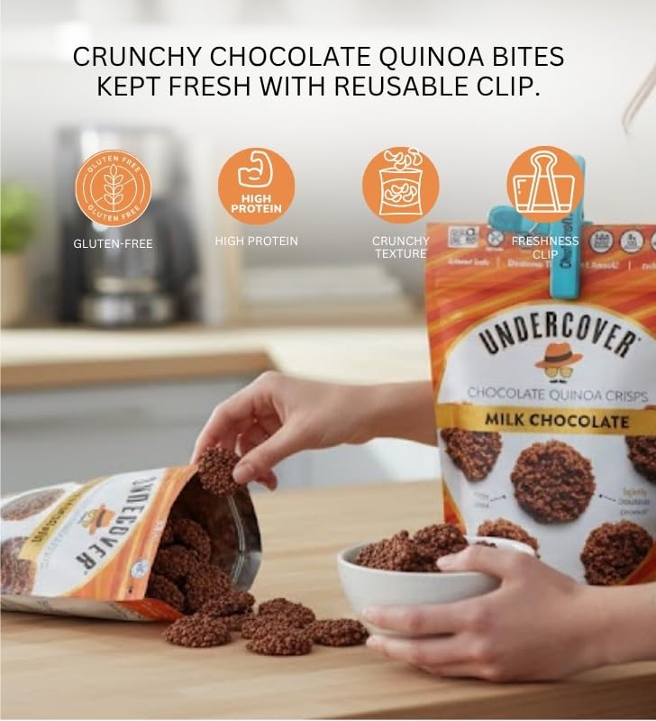 12x Quinoa Milk Chocolate Bites 3 oz Bundle with Plastic Bag Clip — Crunchy No Gluten, Coated in Smooth Milk Chocolate Quinoa Crisps for Snacking or Lunch Packs — Gift Set (13 Items)