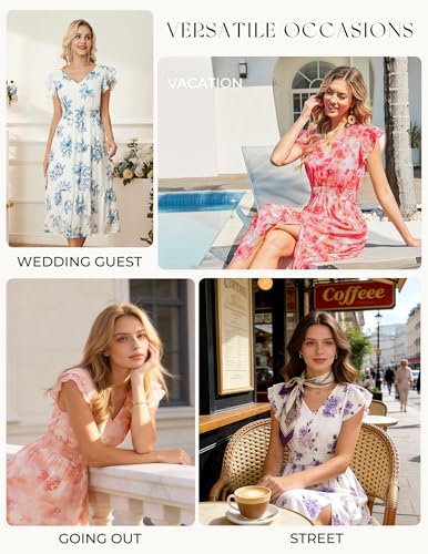 Image of GRACE KARIN 2026 Womens Summer Dresses V Neck Ruffle Sleeve Floral Boho Beach Dress A-Line Swing Midi Wedding Guest Sundress