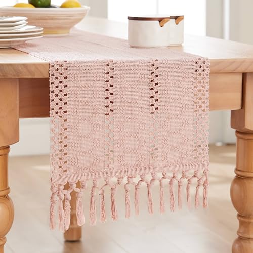 Image of ZeeMart Macrame Style Boho Table Runner, 12x36 Inch Light Pink | Woven Boho Table Runner with Handmade Tassels, Crochet Hollow Table Scarf, Farmhouse Kitchen Home Decor Dresser Runner