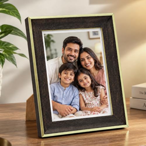 Image of GOLDEN PEACOCK 5x7 Inch Photo Frame in Dark Wood and Gold Finish for Tabletop Display or Wall Hanging, Holds Family Photos, Suits Home and Office