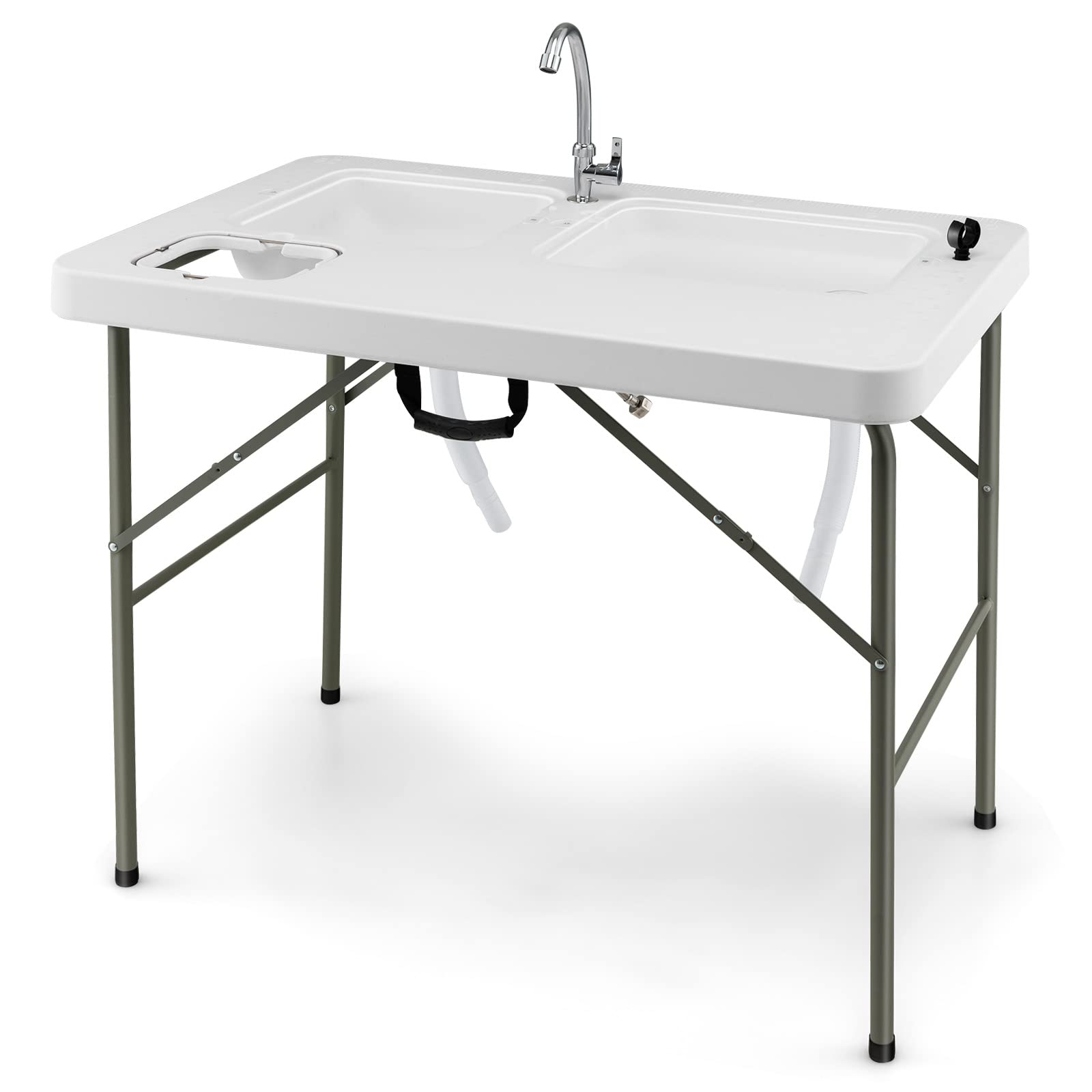 GYMAX Évier de Nettoyage de Poisson de 4 Pieds, Table Pliante avec Robinet, 2 Bassins d'eau, Corbeille à Déchets et Marques de Mesure, Évier de Cusine, Blanc