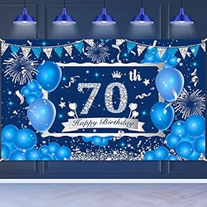 Blau 70. Geburtstag Dekorationen Banner für Männer Frauen, Marineblau Silber Happy 70. Geburtstag Banner Hintergrund…