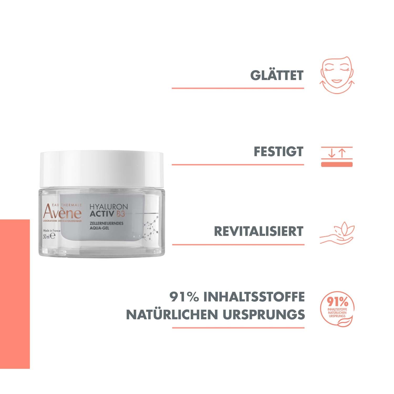 AVÈNE Hyaluron Activ B3 - Zellerneuerndes Aqua-Gel - Vegan - 50 ml | Aufpolsternd & sichtbar straffend - Reduziert Falten - reiner Hyaluronsäure - 91% natürliche Inhaltsstoffe - Alternde Haut