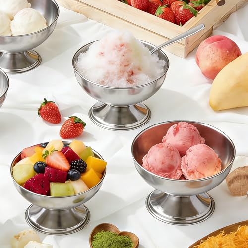 Zestaw 4 kubków deserowych ze stali nierdzewnej, miseczki na lody z widelcami do serwowania i łyżkami – kubki deserowe ze stali nierdzewnej do serwowania puddingu i owoców, idealne na letnie