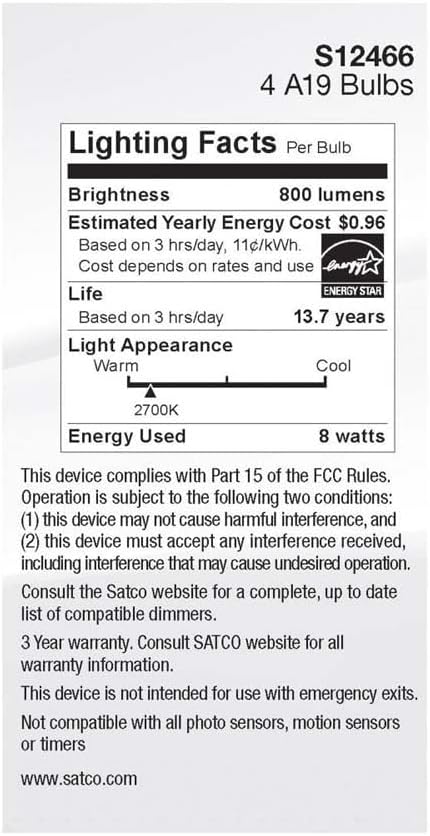 Satco S12466 8 Watt A19 LED Bulb, Soft White, 2700K, Medium Base, 120 Volt, 4-Pack