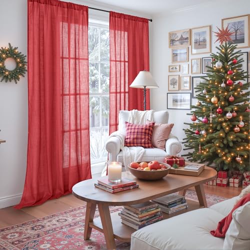 Image of BGment Long Linen Semi Sheer Curtains 102 Inch Length for Living Room, Red Lightweight Window Drapes for Bedroom with Rod Pocket Light Filtering Rustic Textured, 2 Panels Set, Each 52 Inch Wide