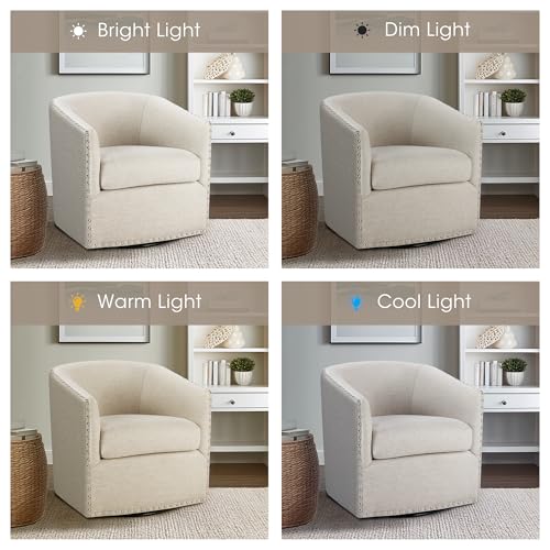 Madison Park Swivel Barrel Accent Chair, Upholstered Curved Back with 7-Inch Thick Woven Cushion, 360° Swivel, Nailhead Trim, Comfy Chair for Living Room, Bedroom, Office, 28" Wide, Neutral, Tyler - Thumbnail 7